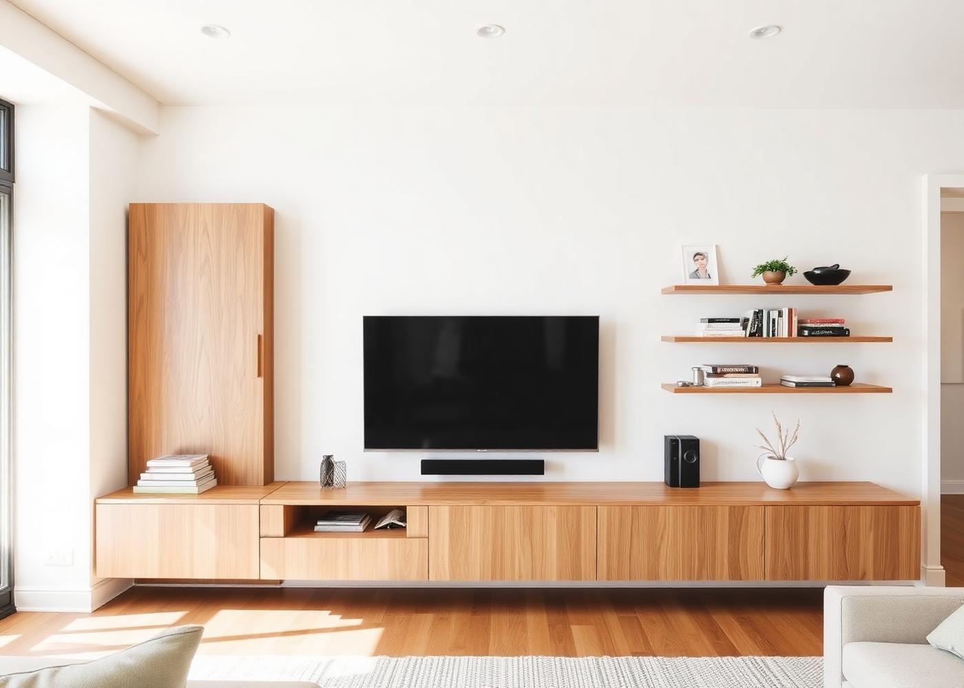 Rack de living con estantes flotantes de madera